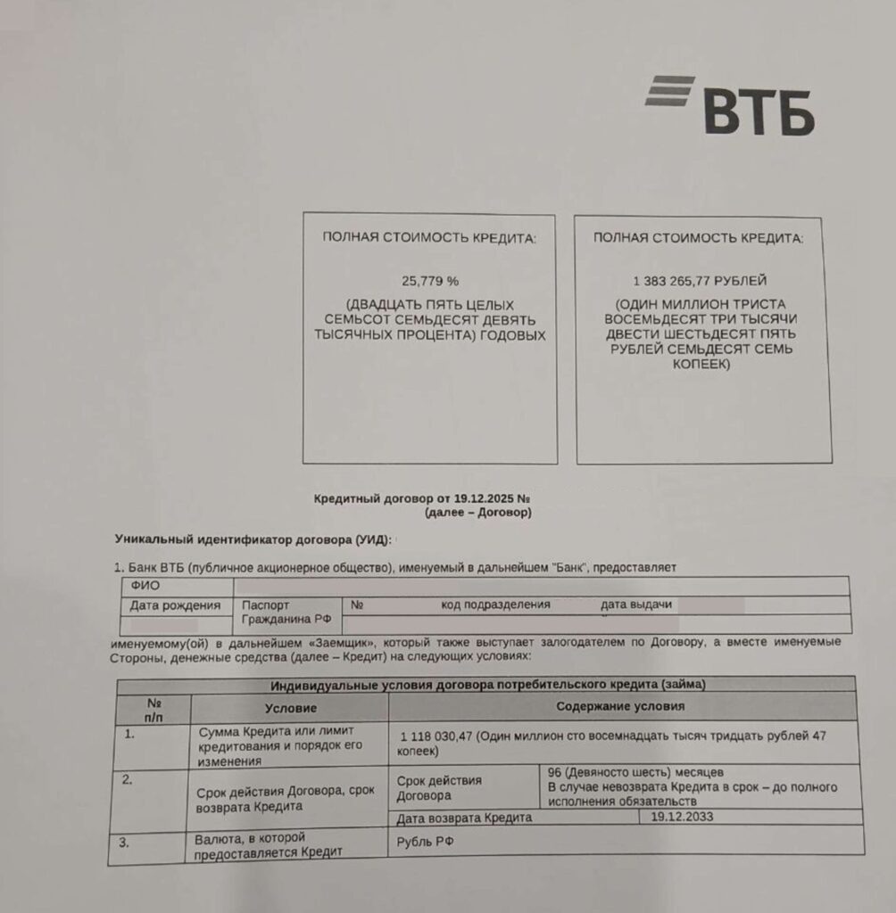 Кредитный договор ПАО "Банк ВТБ"