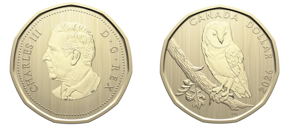    Монета Канады 1 доллар 2026 года обыкновенная сипуха на дубовой ветке реверс