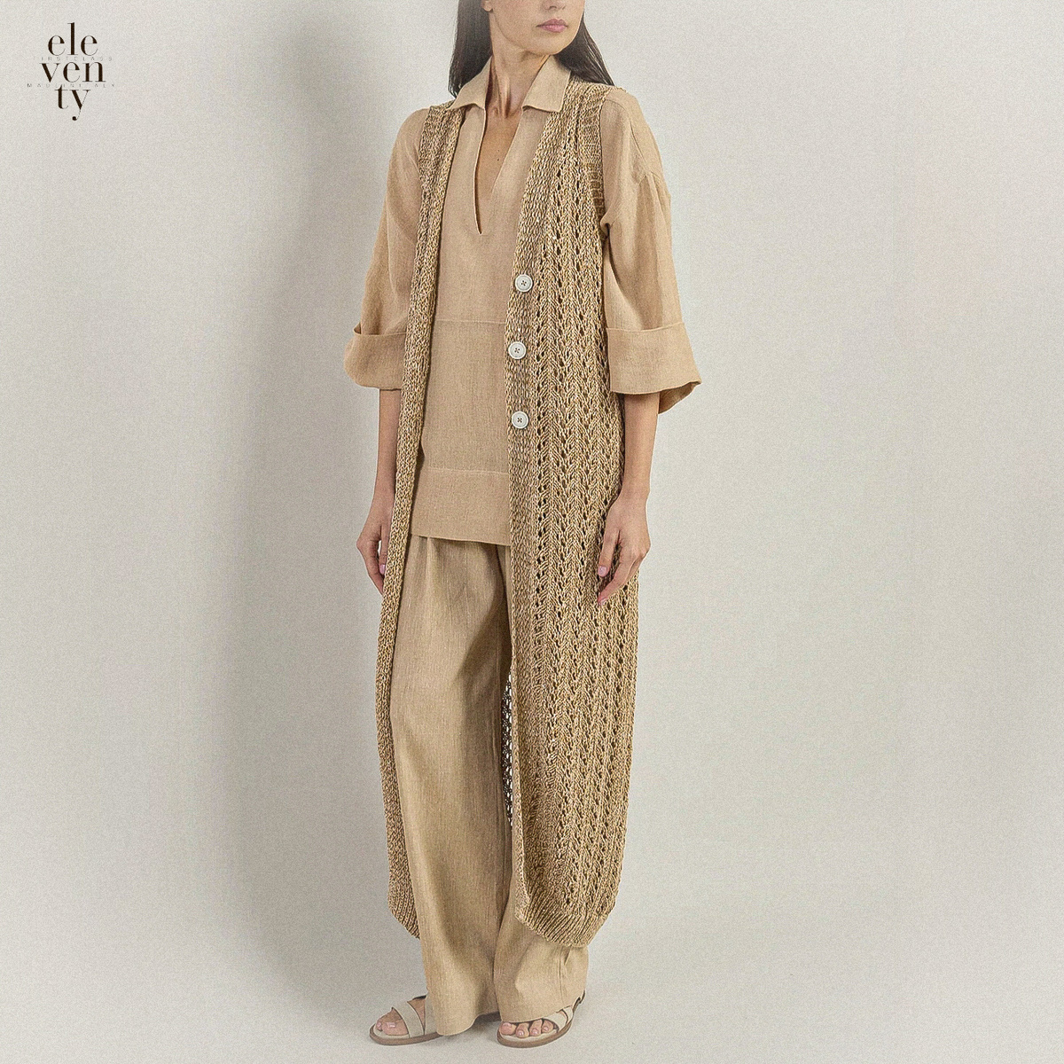 Длинный кардиган без рукавов Элевенти, выполненный из хлопка и льна