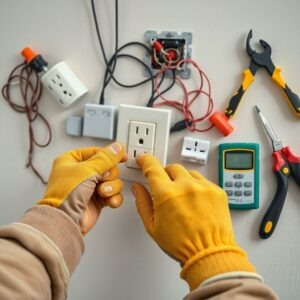    A detailed, realistic image of a person replacing an electrical outlet in a modern apartment. The scene should include: a person wearing safety gloves and goggles, a screwdriver, wire strippers, a vol