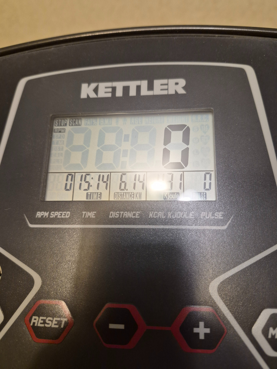 Первая поездка на велотренажере далась нелегко: организм отвык. Ну ничего, нагоним.