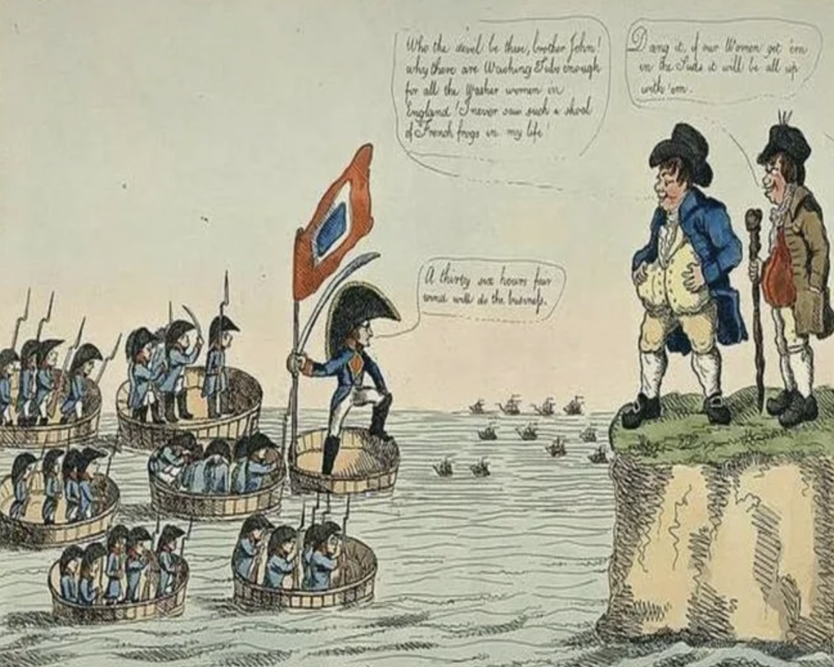 Английская карикатура: Наполеон высаживает десант, плывущий в тазиках