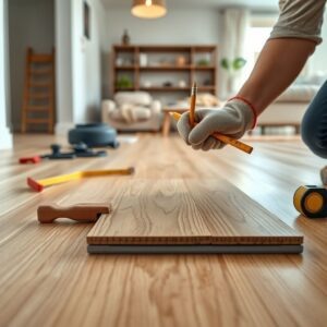    A detailed, realistic image of a person laying laminate flooring in a modern living room. The scene should show the following elements: a clean, leveled subfloor with a foam underlayment, laminate pla