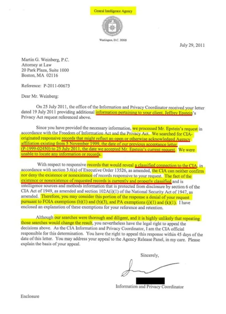 Ответ ЦРУ на запрос о свободе информации, поданный от имени Эпштейна.