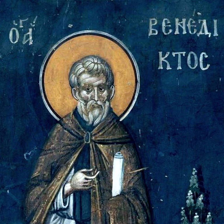 Преподобный Венедикт Нурсийский. 14 в. Фреска монастыря Грачаница. Косово и Метохия. Сербия.