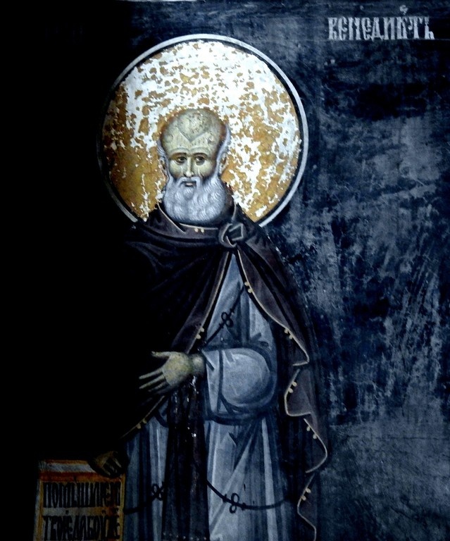 Преподобный Венедикт Нурсийский. 16 в. Фреска притвора монастыря Печская Патриархия. Косово и Метохия. Сербия