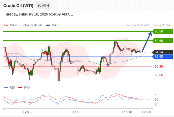 Нефть (WTI) (H6) в течение дня: Целевая точка в 64,90.  Наша точка разворота находится на уровне 63,85. Наше предпочтение:Покупать выше 63,85 с целевыми точками 64,90 и 65,50. Альтернативный сценарий:Прорыв вниз уровня 63,85 откроет путь к 63,20 и 62,65. Анализ:RSI смешанный, но скорее имеет бычью тенденцию. 