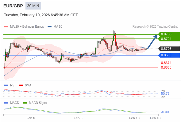 EUR/GBP Текущий : бычий настрой. Наша точка разворота находится на уровне :0,8690. Наше мнение :Бычий настрой. Альтернативный сценарий :При прорыве 0,8690,EUR/GBP может достигнуть 0,8674 и 0,8665. Комментарий:RSI находится выше нейтральной зоны 50. MACD выше своей сигнальной линии и негативен. MACD должен пробить вверх нулевую линию, чтобы подтвердить продолжение роста. Кроме того, курс находится ниже своей 50-дневной (0,8707) но выше своей 20-дневной скользящей средней (0,8701). 