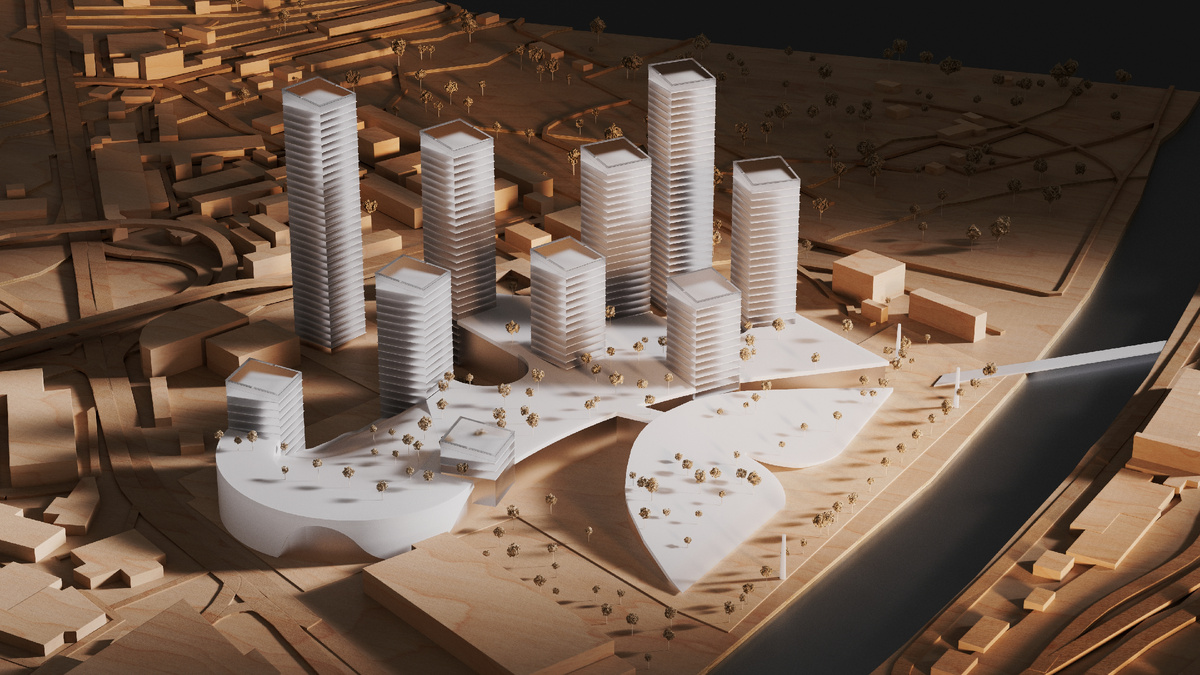 Авторы: Анастасия Тхорева, Анастасия Хмелькова, Ангелина Канцерова, Наталья Нестерова, Юлия Коваленко.
Ключевая идея проекта — разделение приватного и общественного пространств. Приватное убрано в строгие башни. Общественное спрятано в рукотворный холм: внутри холма — молл, снаружи — событийная площадь и торговая улица, сверху — городской парк.