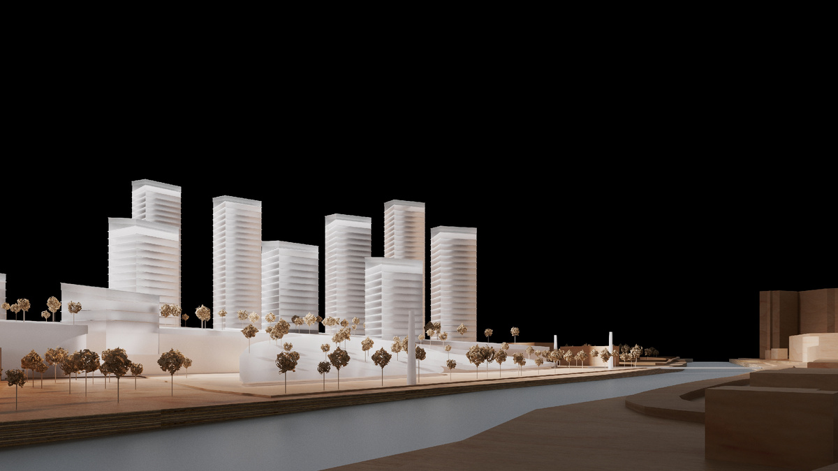 Авторы: Анастасия Тхорева, Анастасия Хмелькова, Ангелина Канцерова, Наталья Нестерова, Юлия Коваленко.
Ключевая идея проекта — разделение приватного и общественного пространств. Приватное убрано в строгие башни. Общественное спрятано в рукотворный холм: внутри холма — молл, снаружи — событийная площадь и торговая улица, сверху — городской парк.