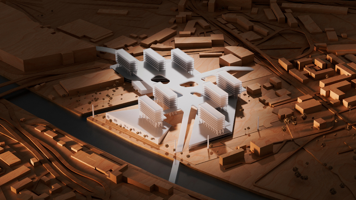 Автор: Алексей Юрин.
Морфология застройки выражает преемственность Цветному Бульвару: здесь те же компактные хрущёвки, только поставлены на ножки как в ЖК Бадаевский. Пространство внизу открыто для всех: разнообразные городские сервисы и зелёные крыши формируют новый тип урбанизированного городского парка.
