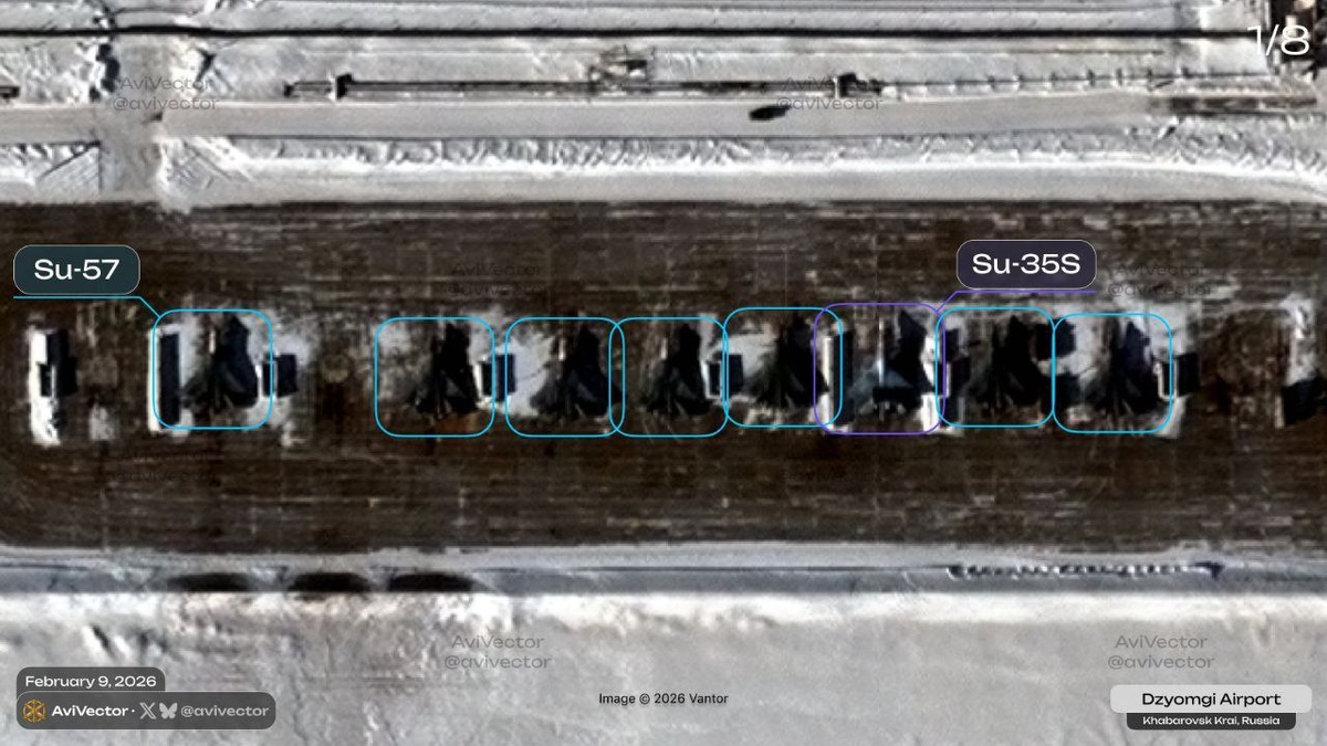 6 Су-57 и 2 Су-35С на аэродроме Дзëмги.
