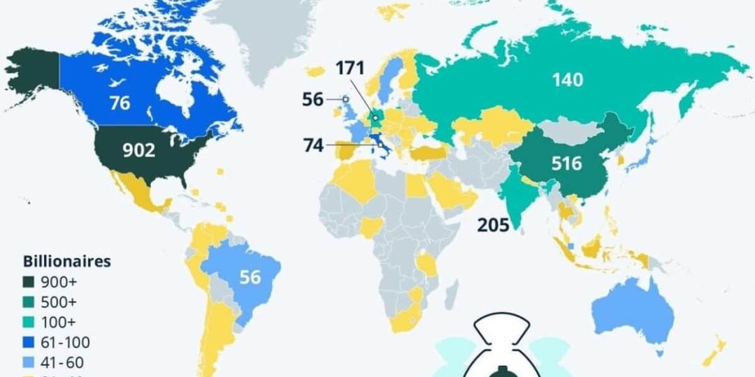 Карта: страны-лидеры по числу миллиардеров в 2025 году