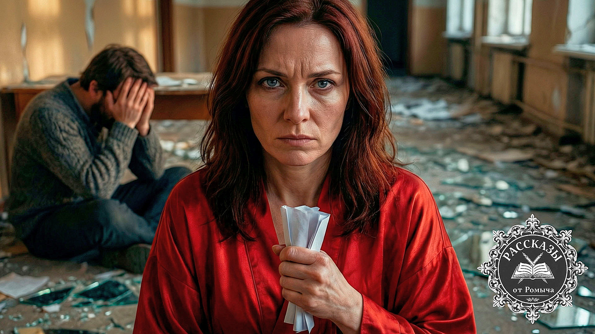 Женщина в красном халате торжествующе стоит на фоне осколков разбитого зеркала, пока ее муж оплакивает предательство сестры