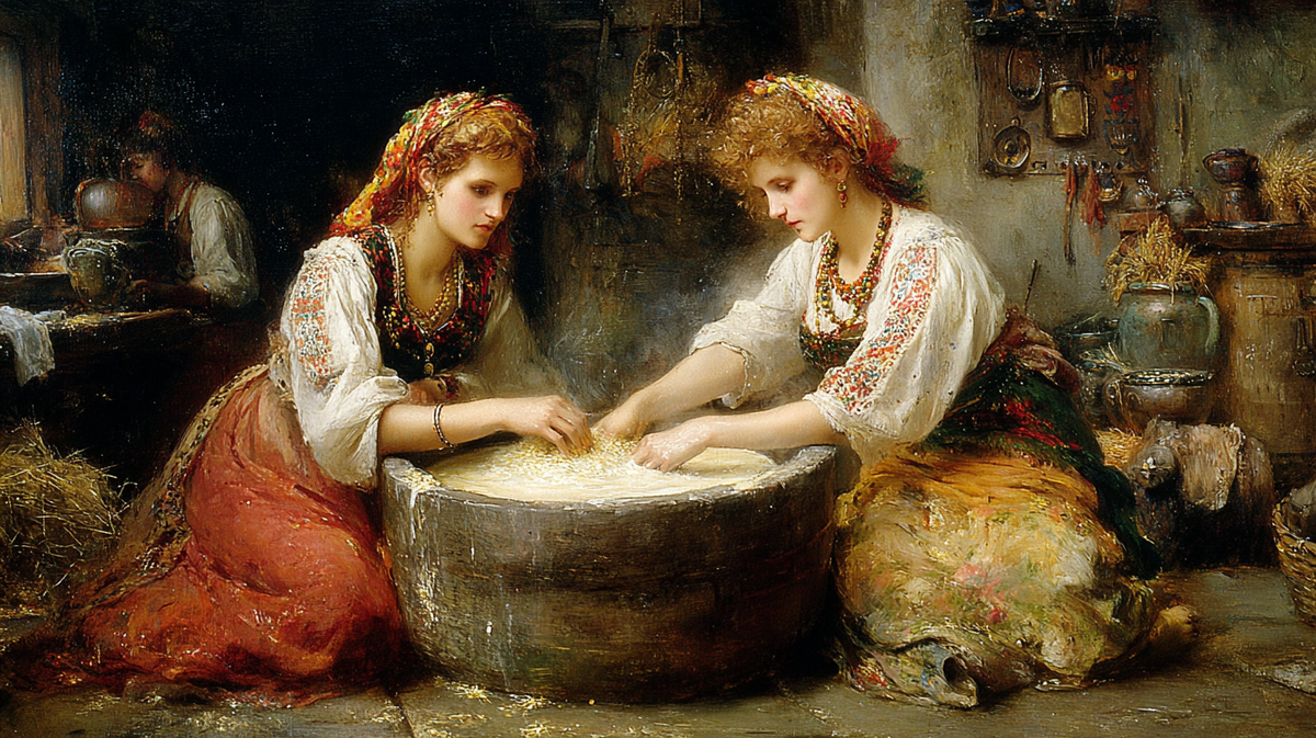 Свежесдоенное молоко бережно выливают в большую лохань. Каждый жест наполнен тайным значением. Какое чудо зарождается в этой тишине?