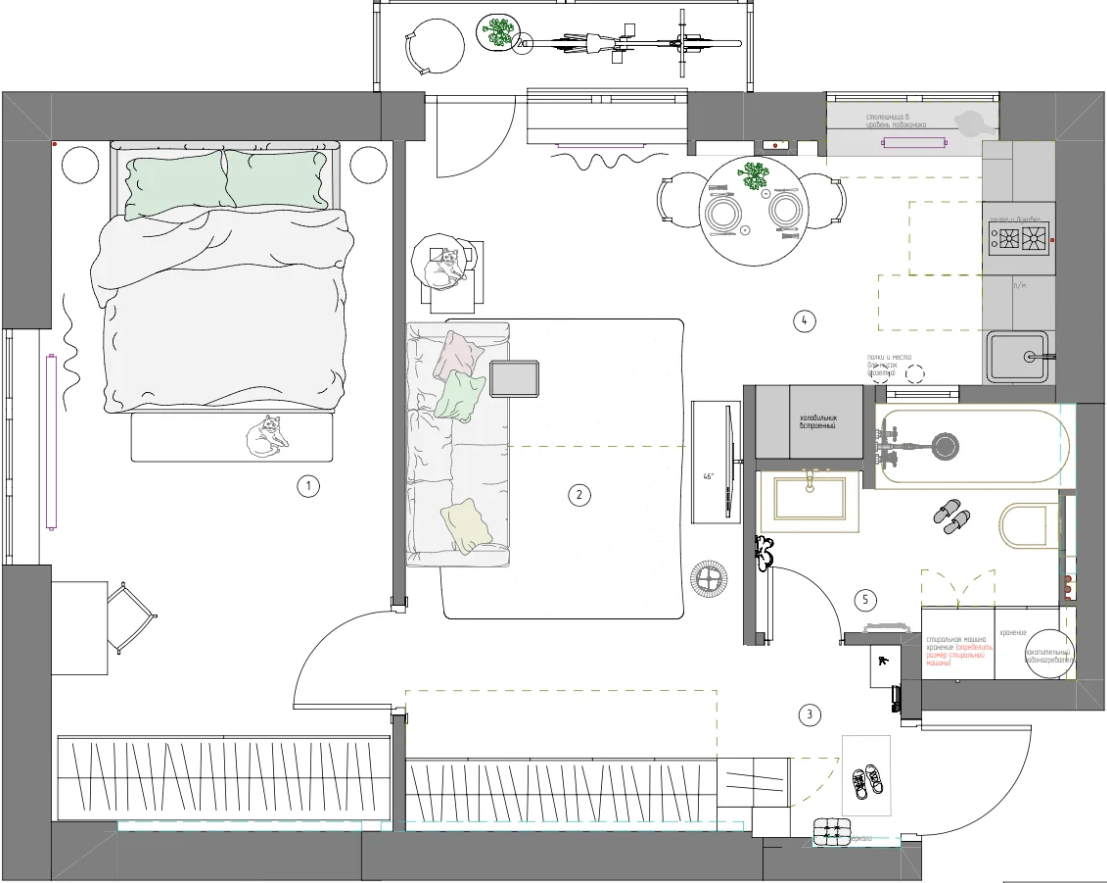 План квартиры после перепланировки и установки мебели