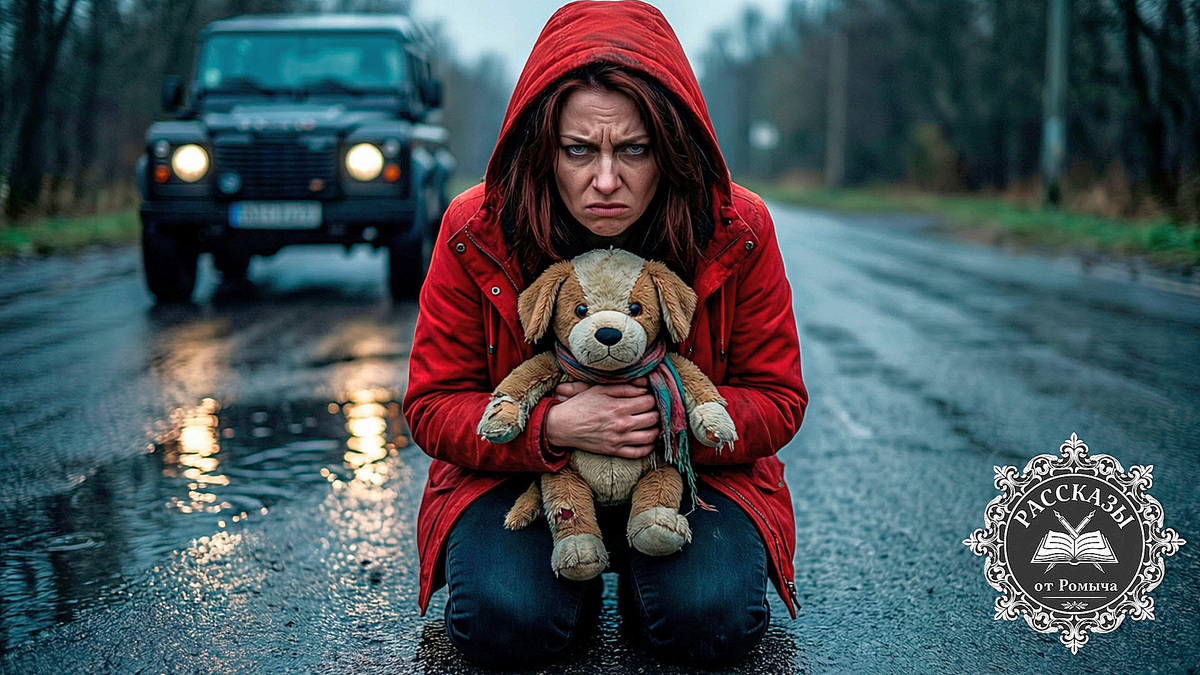 Женщина в красной куртке стоит на коленях на мокрой дороге под дождем и смотрит вслед уезжающему автомобилю