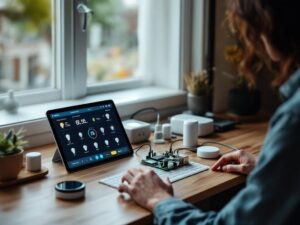    A modern smart home control panel displayed on a tablet, placed next to a Raspberry Pi 4 with connected sensors and smart devices (light bulbs, thermostat, motion sensor). The scene is set on a wooden