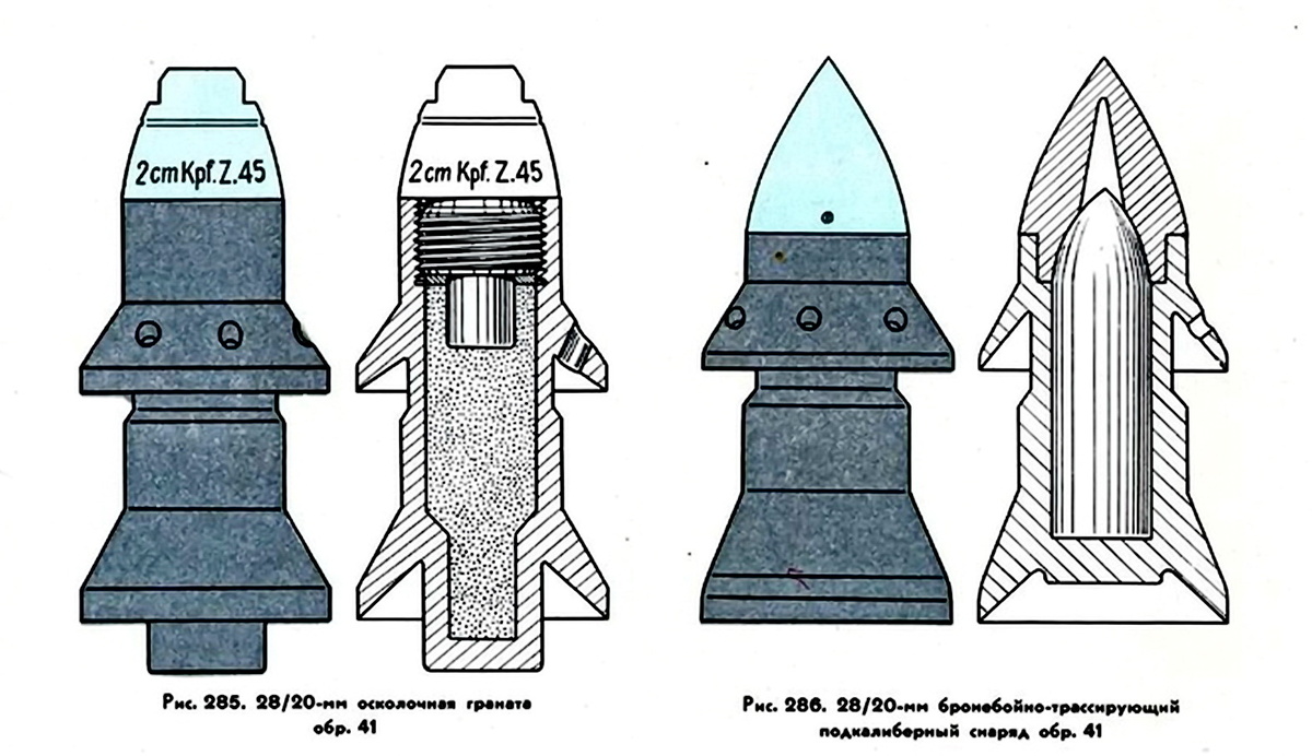 общие виды и разрезы осколочного и подкалиберного бронебойного снарядов для ПТО s.Pz.B.41. Хорошо видны кольцевые выступы, которые сминались, по мере прохождения снарядом конических участков канала ствола.