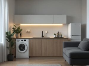    A modern smart home water leak detection system with visible sensors placed near a washing machine, under a sink, and next to a water heater. The scene includes a smart water shutoff valve connected t