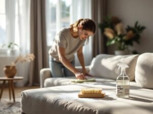    A cozy living room scene with a person cleaning a fabric sofa using natural ingredients like baking soda and vinegar. The image should show a step-by-step process: sprinkling baking soda on the sofa,