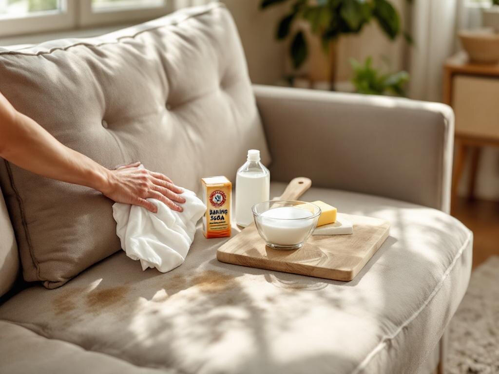 Эффективное удаление пятен с обивки дивана содой и уксусом.  📷
