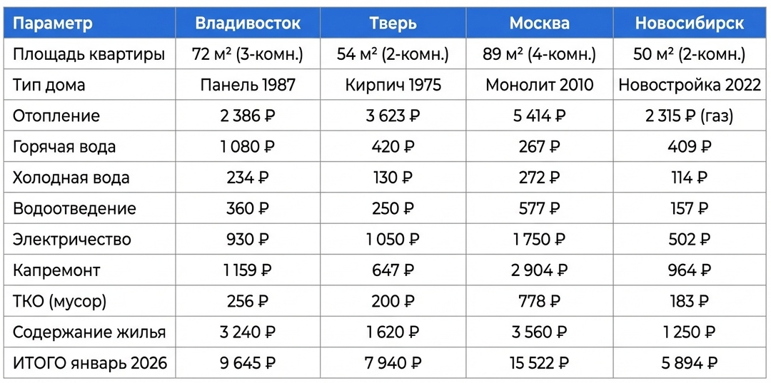 Тарифы ЖКХ в 2026 году: как платежи различаются в четырёх городах России