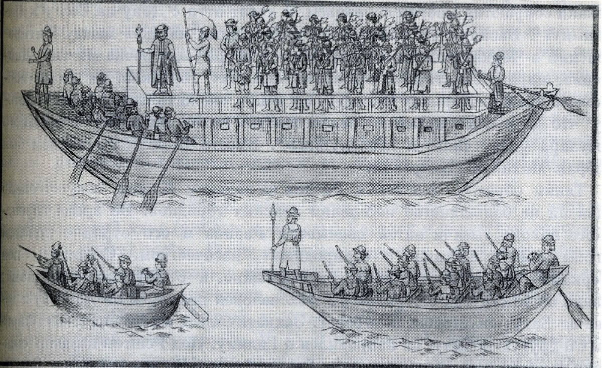 Стрельцы на стругах отправились в поход на Разина. Копия рисунка XVII века, опубликованная в книге «Очерки истории. Период феодализма», 1955 год.