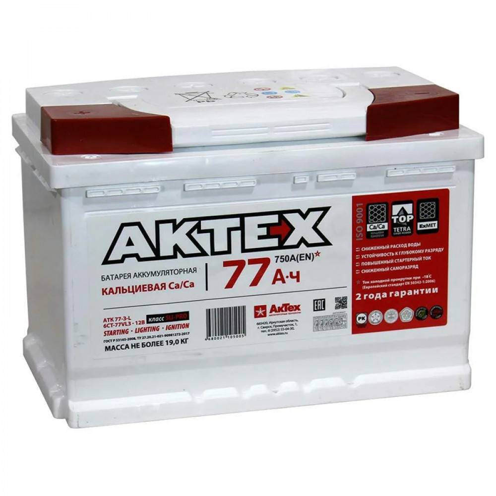 Кальциевая АКБ, емкость: 77 Ah, полярность прямая, стартовый ток 750 А. Корпус европейский.