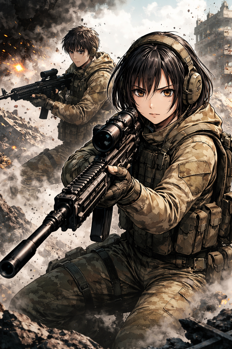 Снайпер и солдат в разрушенном городе