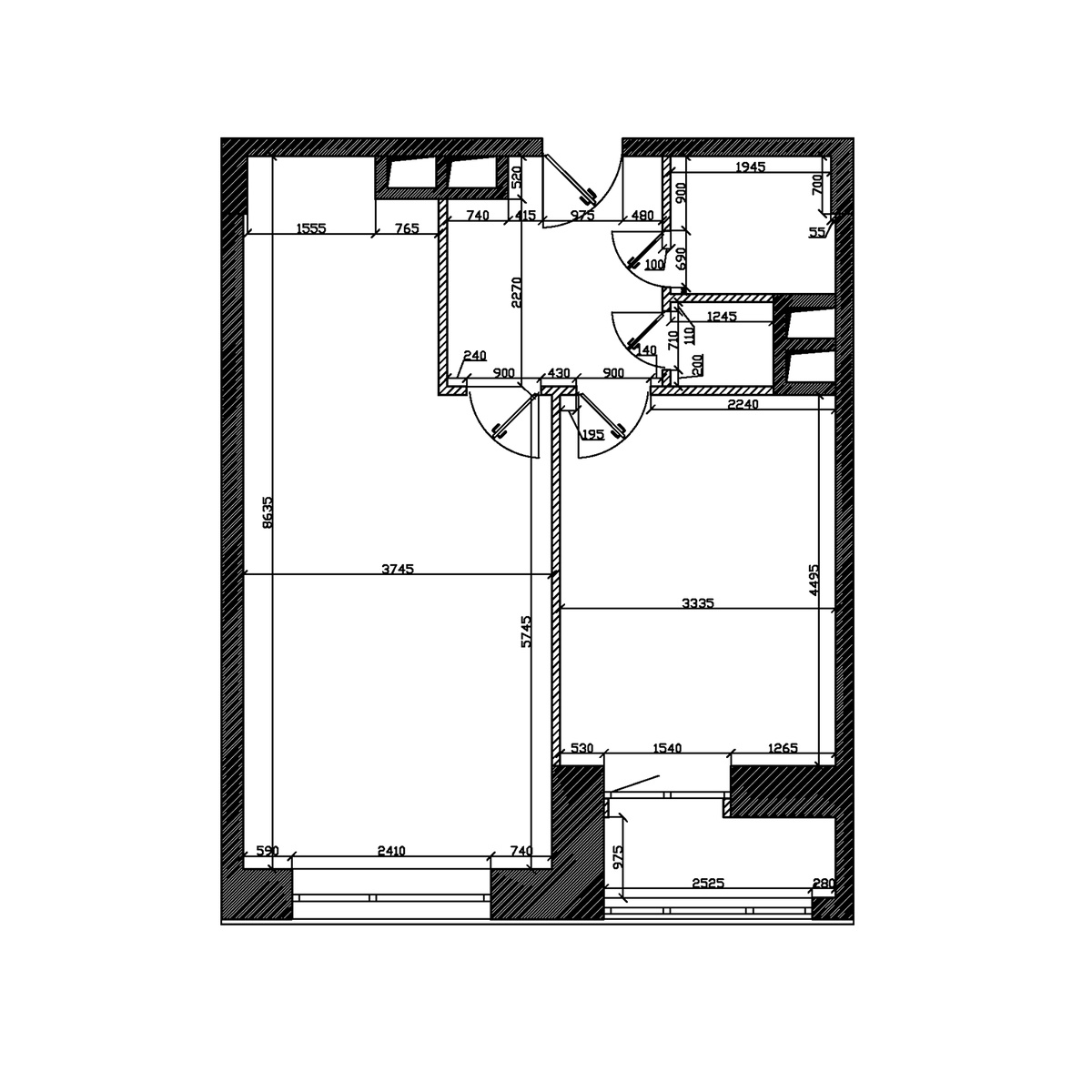 Исходная планировка однокомнатной квартиры (евродвушка) в МЖК Резиденции Архитекторов