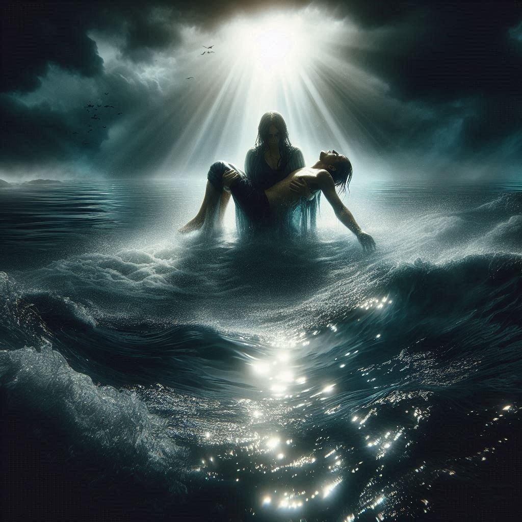 Синдром спасателя в одной картинке: ты тонешь, вытягивая того, кто даже не пытается плыть сам. Свет свободы рядом, но ты цепляешься за того, кто тянет тебя на дно. Потому что без роли спасителя ты не знаешь, кто ты.