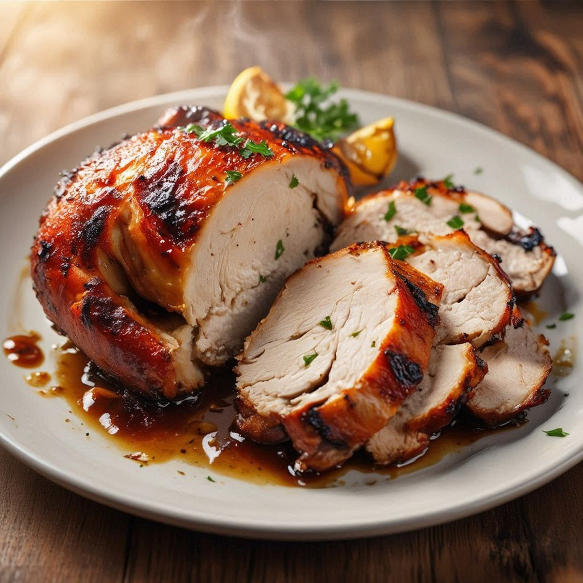 Сочная румяная курица на тарелке, разрезанная, видно сочное мясо внутри