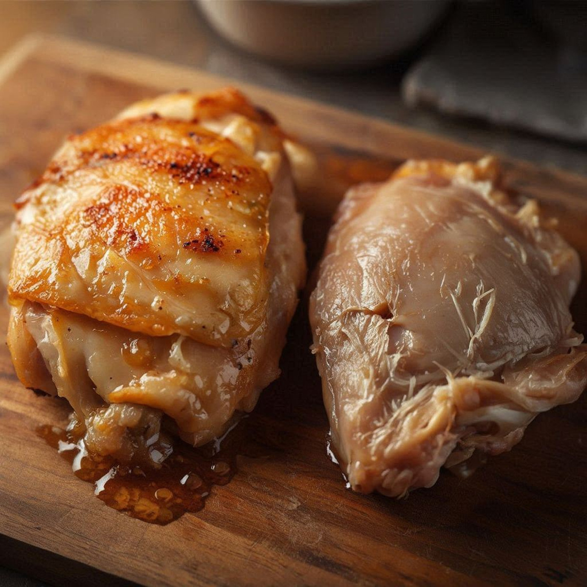 Сравнение двух кусков курицы - один с кожей (сочный), другой без (сухой)