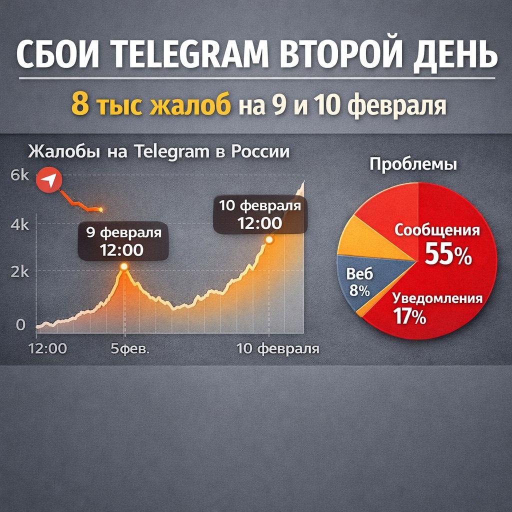 Динамика жалоб на Downdetector: сообщения 55%, уведомления 17%