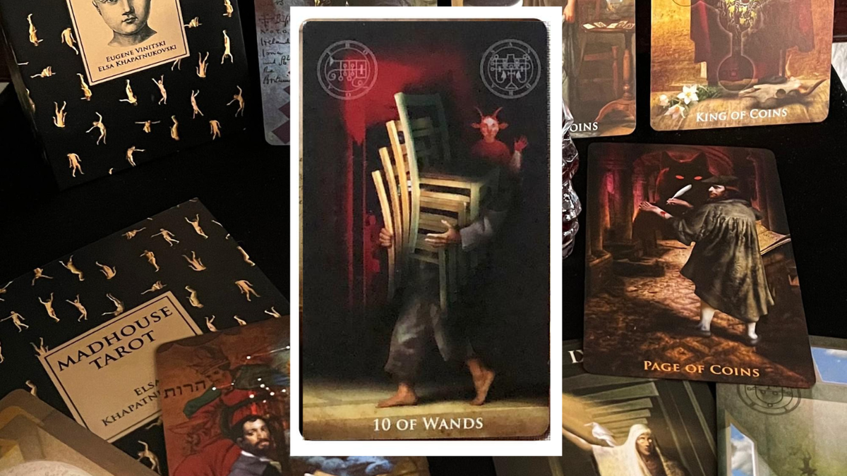 Десятка Жезлов. Photo «Madhouse Tarot» Eugene Vinitski, Elsa Khapatnukovski