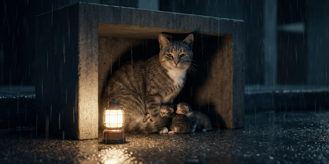 Кошку выгнали на улицу в дождь, но она не бросила котят