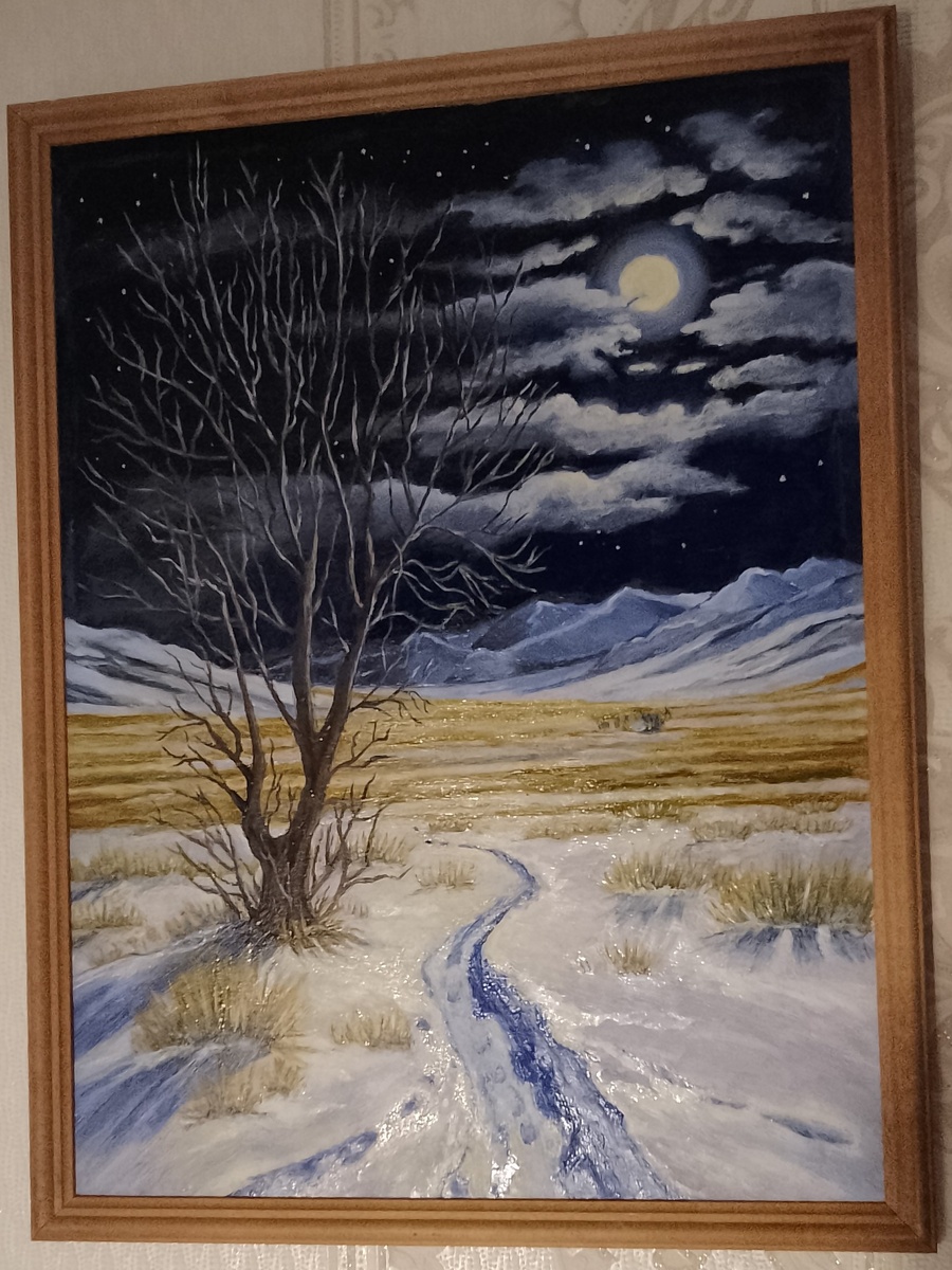 Лунная ночь на Алтае. Картон/масло. Размер 29,5 х 40 см. 2025 г. Автор – Литосова Анжелика. 