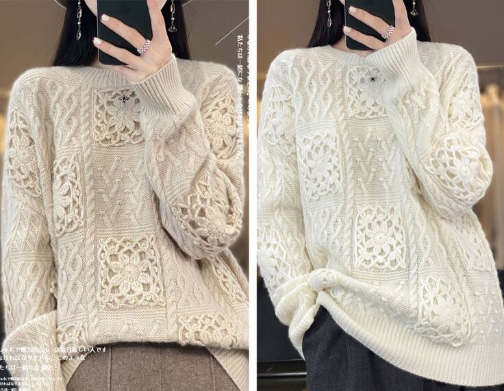 Как необычно и просто великолепно выглядят пришивные квадраты связанные отдельно крючком и пришитые сверху на свитер, связанный спицами