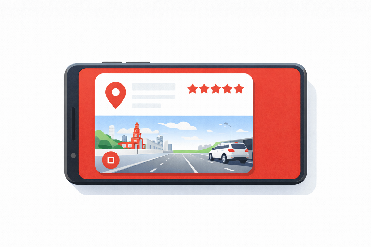 Смартфон с открытой карточкой организации на Яндекс Картах — панорама улицы, рейтинг 5 звёзд, кнопка маршрута