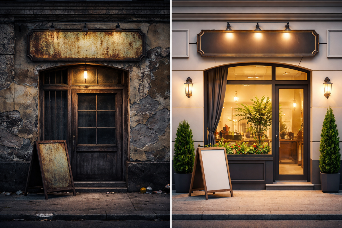 Сравнение фасада  до и после обновления: слева — облупившаяся дверь и старая вывеска, справа — современный вход с новой вывеской