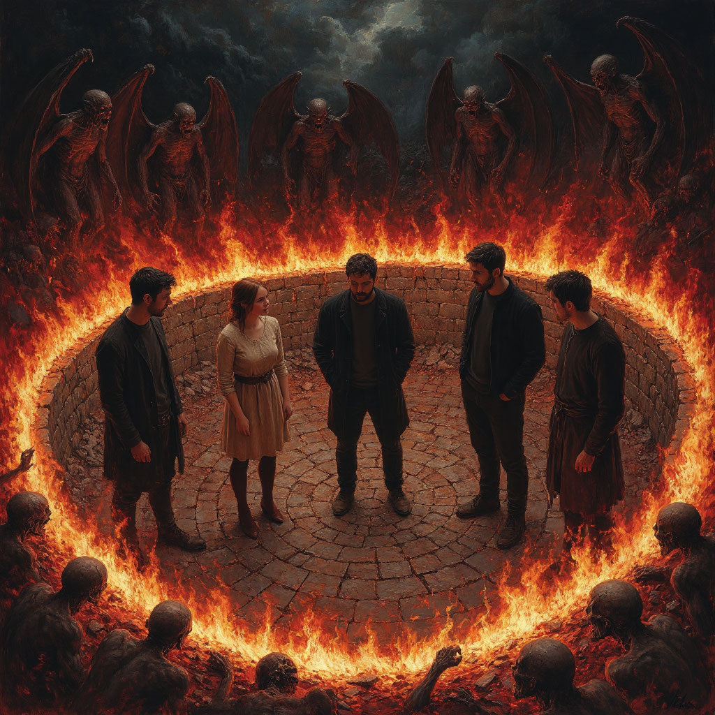 Четверо друзей решили провести необычный вечер, играя в ролевую игру по мотивам «Божественной комедии» Данте. Но их безобидная забава превратилась в настоящий кошмар. Внезапно оказавшись в мрачном лесу, они поняли, что попали в Ад, где каждому предстоит пройти через круги мучений и страданий.Их ждёт путешествие через девять кругов Ада, где они столкнутся с самыми страшными грехами человечества: от сладострастия и чревоугодия до предательства и обмана. Каждый круг — это новая форма мучений, где души обречены на вечные страдания за свои земные прегрешения.Друзья должны не только пережить эти ужасы, но и найти способ выбраться из этого кошмара обратно в реальный мир. Смогут ли они выдержать испытания, которые приготовил для них Ад? И какую цену им придётся заплатить за это путешествие в мир тьмы и страданий?Эта история — пугающее погружение в глубины человеческой души, где каждый найдёт отражение своих самых тёмных страхов и грехов.