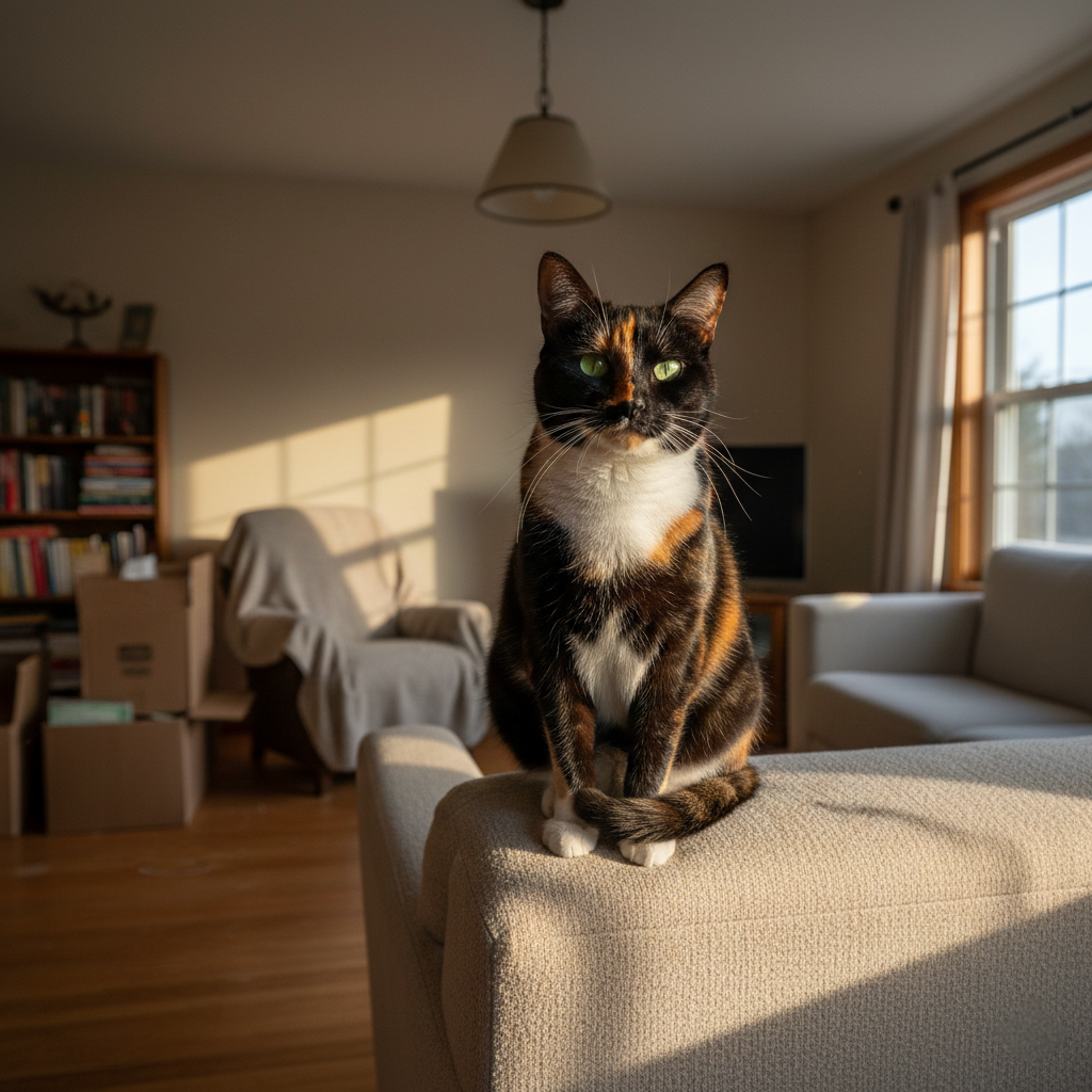 Взгляд, который говорит: «Я здесь не случайно. Я пришла по делу». Так Фрея начала свою спецоперацию по завоеванию дома и сердца. Фото к истории о кошке, которая лечит душу.