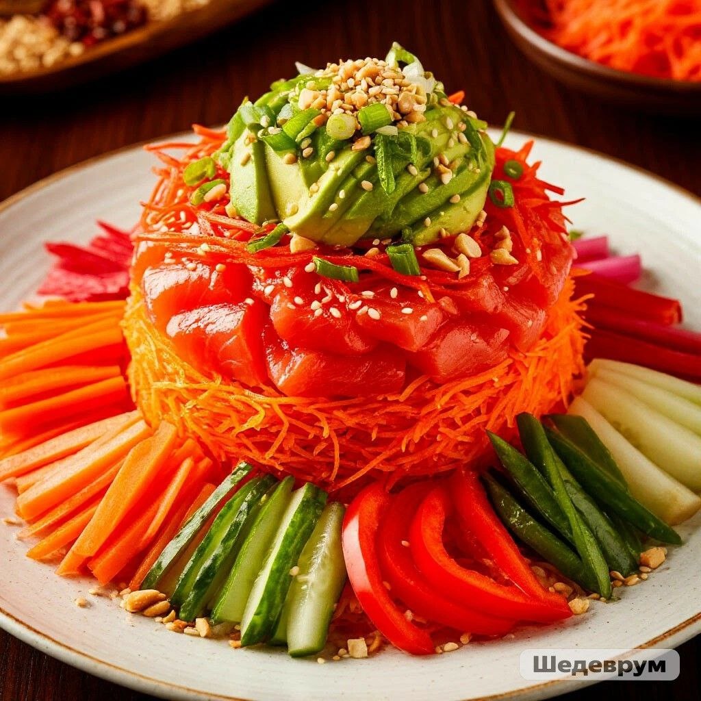Главный новогодний салат "Ю-шан" в различной сервировке, изображение сгенерировано ИИ 