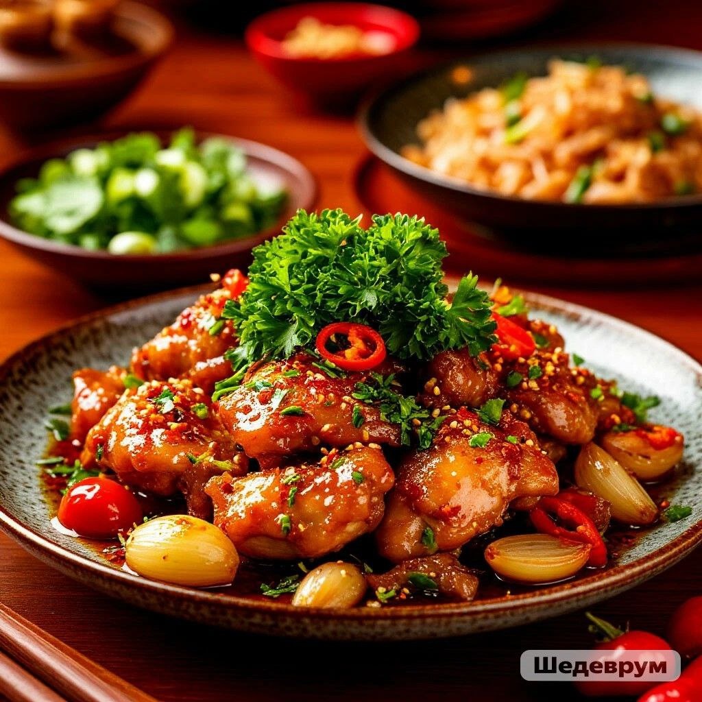 Цыпленок по-китайски в различной сервировке на новогоднем столе, изображение сгенерировано ИИ 