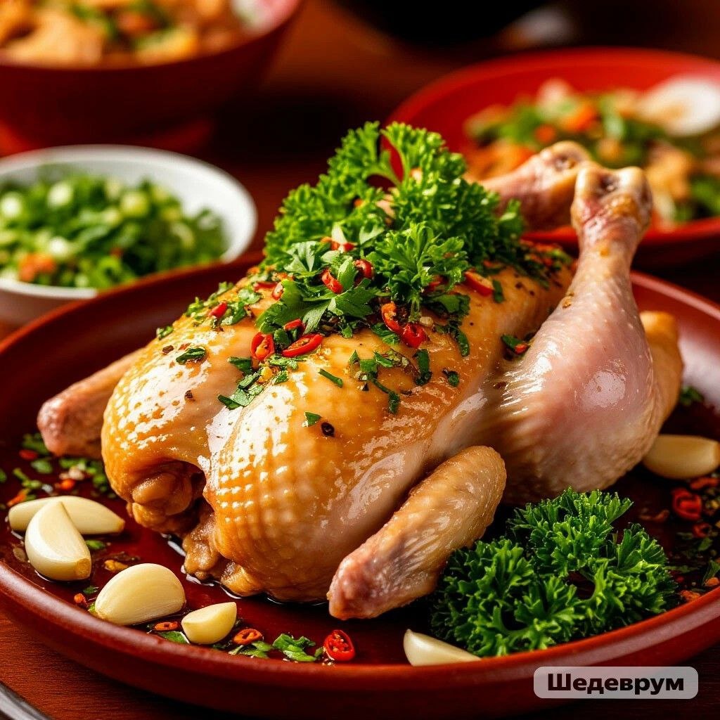 Цыпленок по-китайски в различной сервировке на новогоднем столе, изображение сгенерировано ИИ 