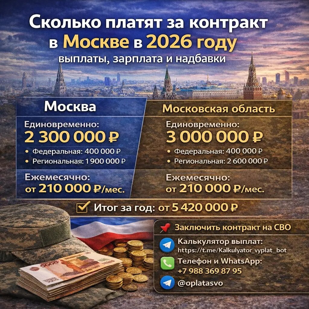 Москва и Подмосковье: единовременные выплаты за контракт в 2026 году и ориентир по ежемесячному довольствию.