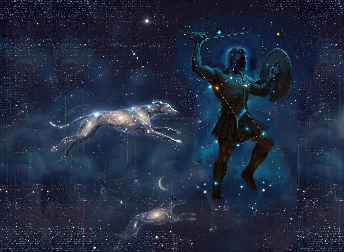 Охота Ориона. Иллюстрация создана с помощью нейросети Flux Kontext Dev и программы Photoshop.