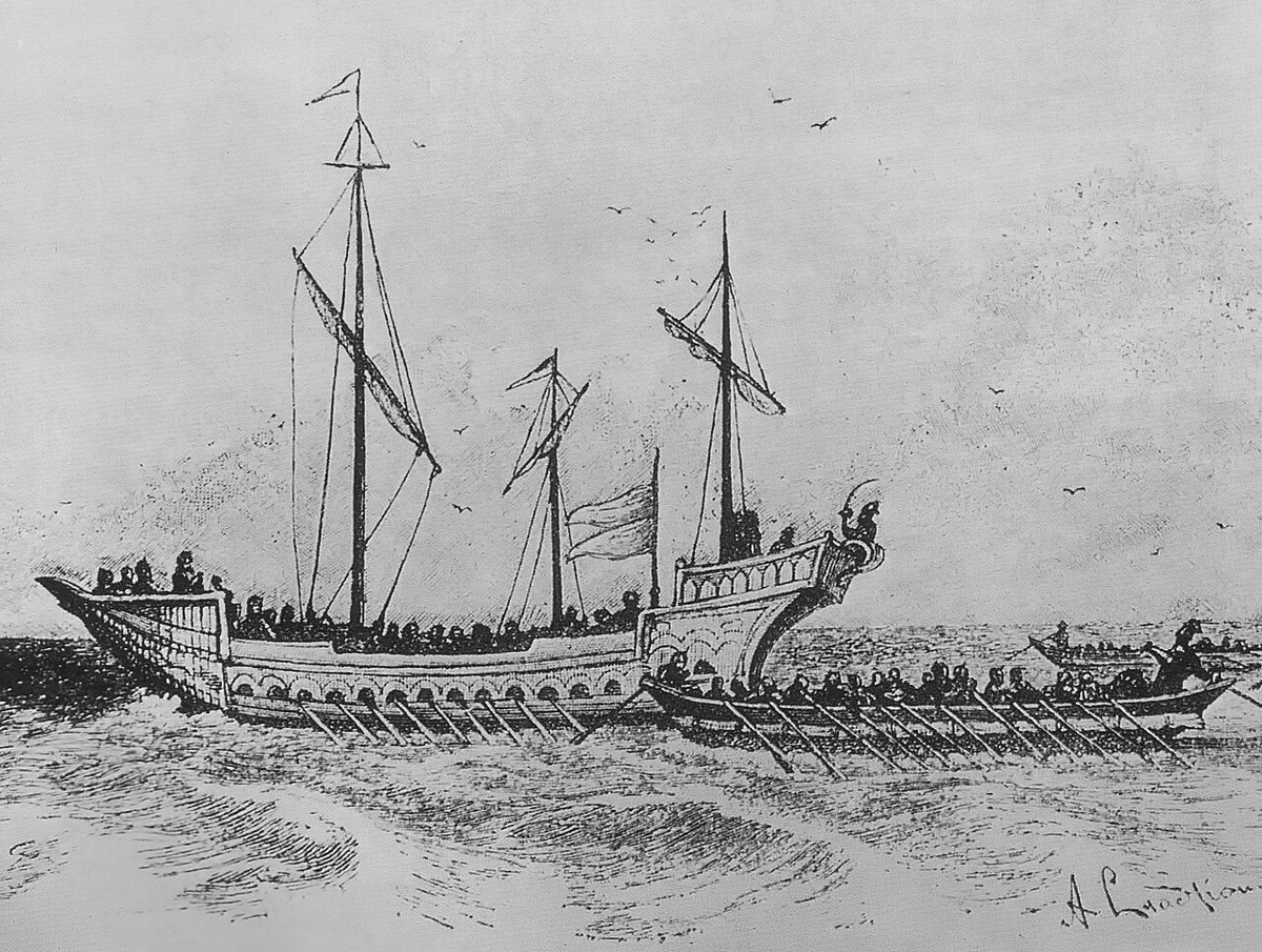 Запорожцы на «чайках» нападают на турецкую галеру. Рисунок Опанаса Сластиона, 1900 год