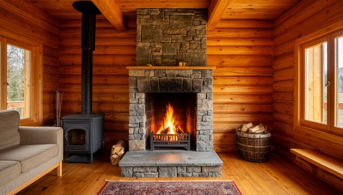 Камин в деревянном доме площадью 165 м2, в холле первого этажа, тепло и уютно
